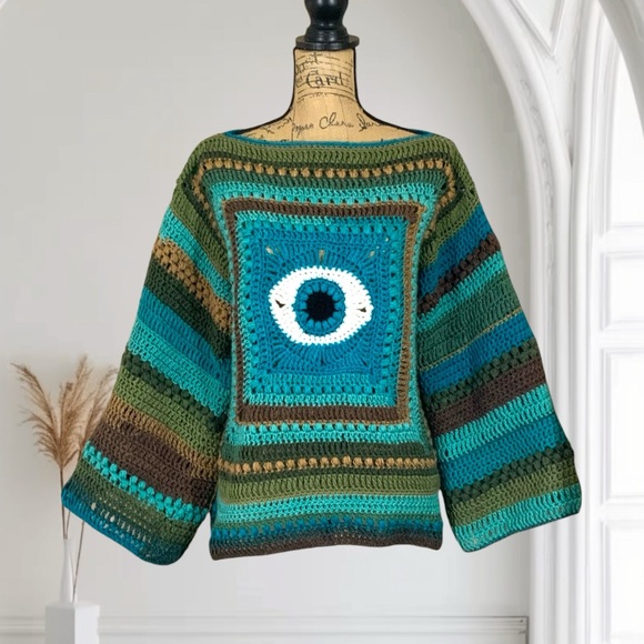 Handmade Crochet Evil Eye Sweater New handcrafted Bohemian Wide Sleeved - Picture 4 of 12